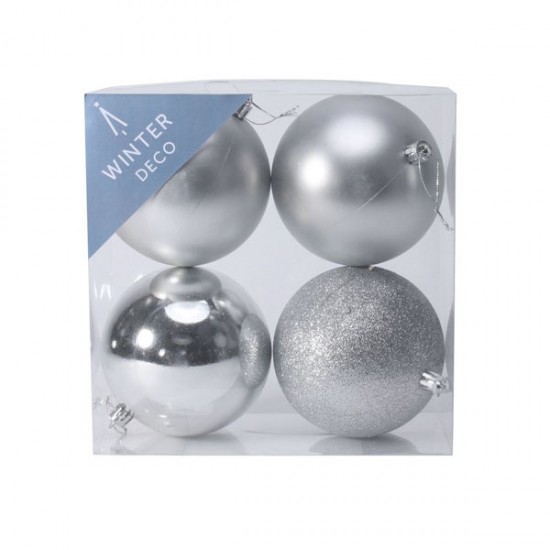 100mm Shatterproof Christmas Baubles Silver Pack of 4 - X19063