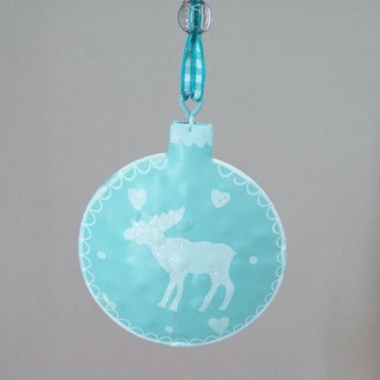 65mm Rustic Tinware Christmas Tree Decorations Light Teal Blue Reindeer - 14X086