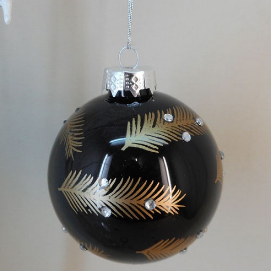 80mm Glass Christmas Baubles Black and Gold Feathers - 17X046