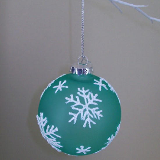 80mm Glass Christmas Baubles Teal Snowflakes - 15X038 