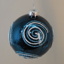 80mm Glass Christmas Baubles Dark Teal Blue Swirl - X20023
