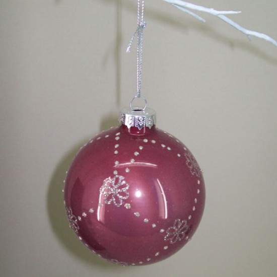 80mm Glass Christmas Baubles Rose Pink Silver Glitter - 15X033 