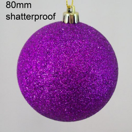 80mm Shatterproof Christmas Baubles Purple Glitter - 14X065