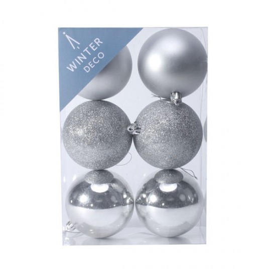 80mm Shatterproof Christmas Baubles Silver Pack of 6 - X19058 80mm Shatterproof Christmas Baubles Silver Pack of 6 - X19058