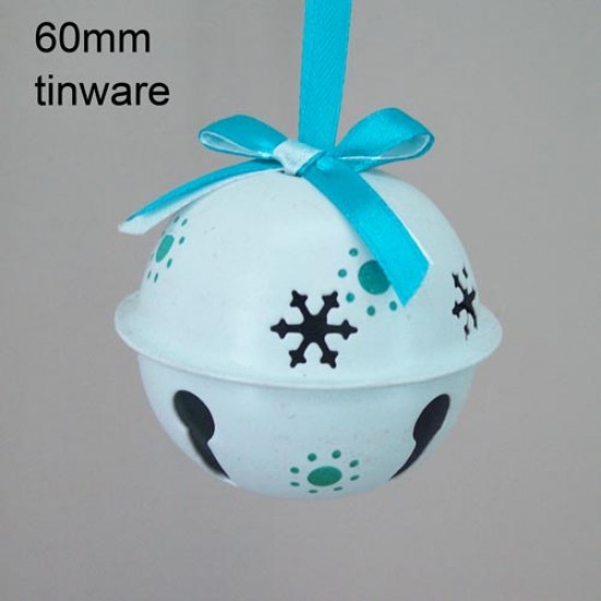 60mm Metal Sleigh Bell Tree Decorations White Teal - 14X096