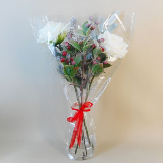 Artificial Flower Arrangements White Roses And Berries In Glass Vase