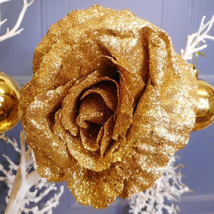 6 x Roses Glitter Christmas Tree ~ Clip on Roses ~ Pink ~ Silver ~ Rose  Gold