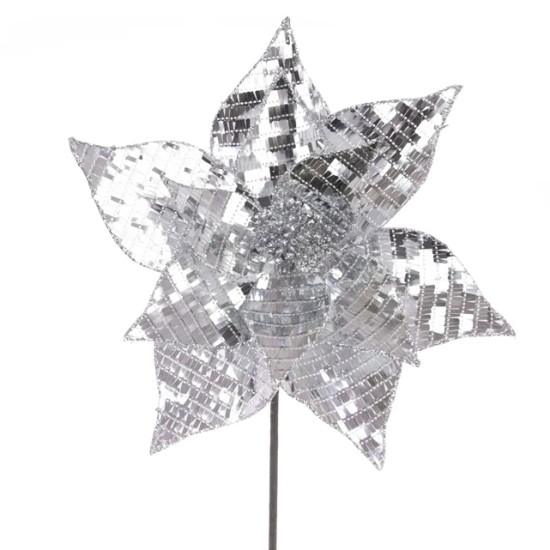 Mirror Disco Ball Poinsettia Silver 50cm- X25066 Mirror Disco Ball Poinsettia Silver 50cm- X25066
