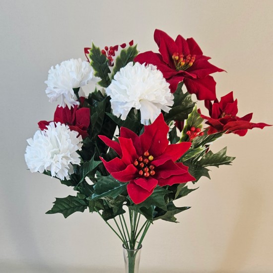 Artificial Poinsettia Carnation and Holly Bouquet 50cm - X24036