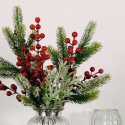 Christmas Flower Arrangements | Red Berries and Pine in Ribbed Vase - X25037