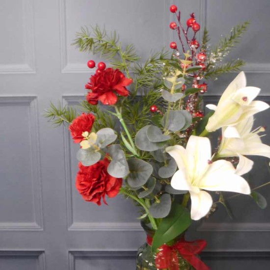 Artificial Flower Arrangements | Red Carnations in Green Bottle Vase 60cm - X22060 FR1A
