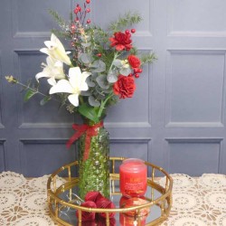 Artificial Flower Arrangements | Red Carnations in Green Bottle Vase 60cm - X22060 FR1A