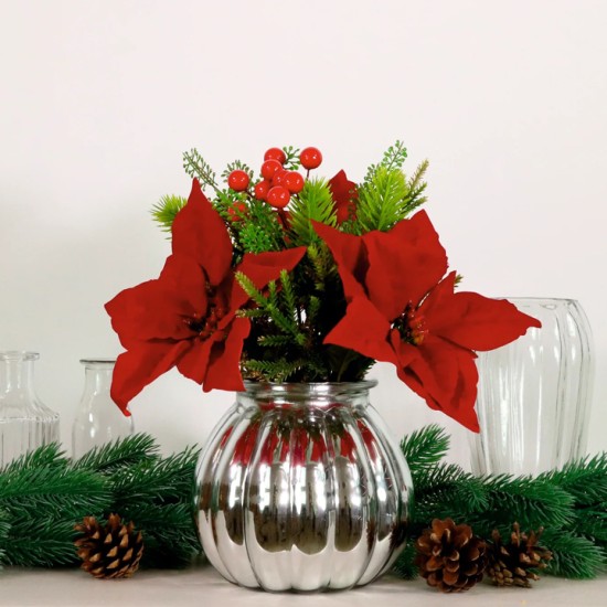 Christmas Flower Arrangements | Red Poinsettias and Berries in Silver Vase - X25035 PR1C Christmas Flower Arrangements | Red Poinsettias and Berries in Silver Vase - X25035 PR1C