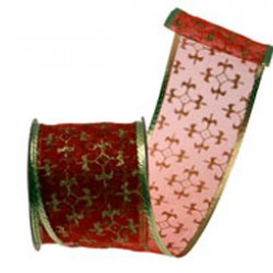 Red and Gold Fleur de Lys Wired Ribbon - X017a 1B