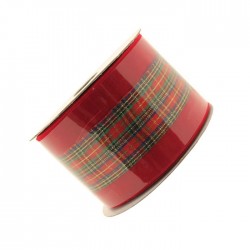 Red Velvet Christmas Ribbon with Tartan Centre Wired Edge - X21114 2C