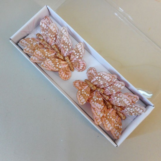 7cm Glitter Butterflies on Wire Stem (12 pack) Rose Gold - BF029