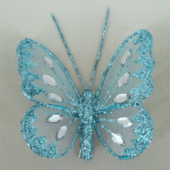 8cm Gauze Butterflies on Clip (6 pack) Aqua - BF008a