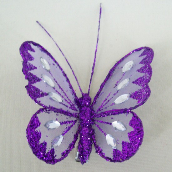 8cm Gauze Butterflies on Clip (6 pack) Purple - BF006A