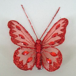 8cm Gauze Butterflies on Clip (6 pack) Red - BF007