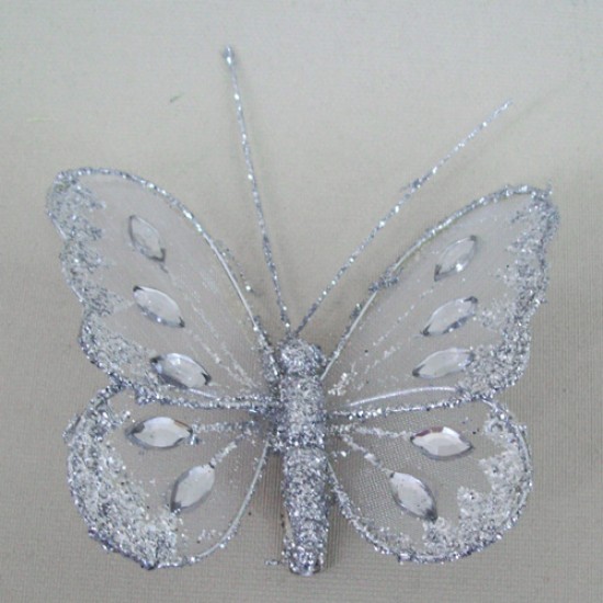 8cm Gauze Butterflies on Clip (6 pack) Silver - BF010