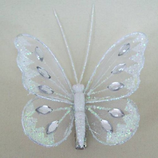 8cm Gauze Butterflies on Clip (6 pack) White - BF009