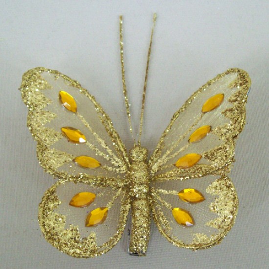 8cm Gauze Butterflies on Clip (6 pack) Gold - BF011a