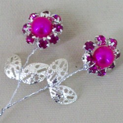 Vintage Diamante Flower Picks Hot Pink (6 pack) - CRY046