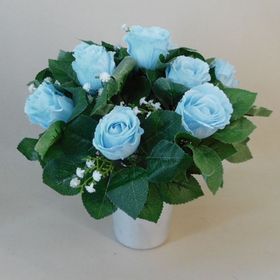 Artificial Flowers Filled Grave Pot Light Blue Roses and Gypsophila - AG077