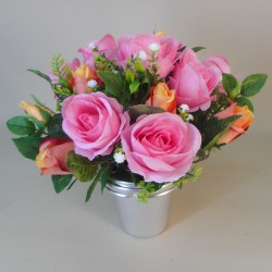 Silk Flowers Filled Grave Pot  Pink and Peach Roses - AG002