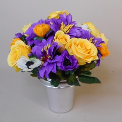 Silk Flowers Filled Grave Pot Purple Yellow - AG078