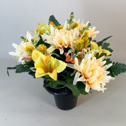 Artificial Flowers Filled Grave Pot Yellow Mums and Alstroemeria - AG012