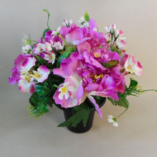 Artificial Flowers Filled Grave Pot Peonies and WIld Flower Magenta - AG027