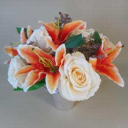 Artificial Flowers Filled Grave Pot Lilies and Roses Peach - AG018