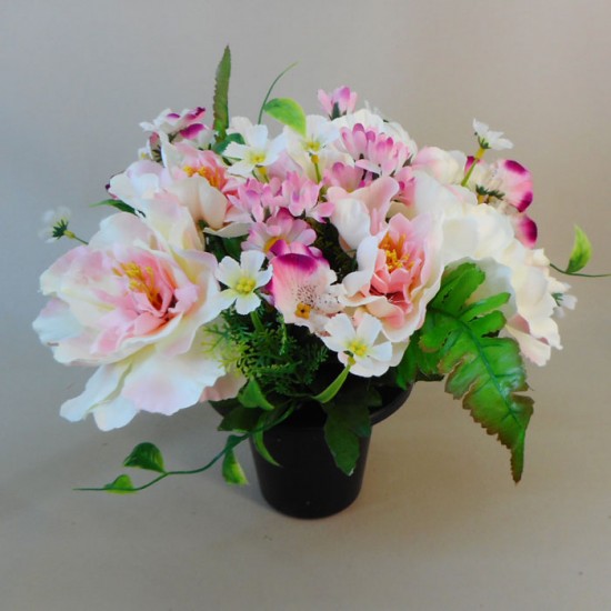 Artificial Flowers Filled Grave Pot Peonies and WIld Flower Pink - AG026