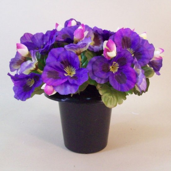 Artificial Flowers Filled Grave Pot Purple Pansies - AG047
