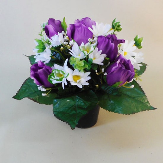 Artificial Flowers Grave Pot Purple Roses and Daisies - AG066