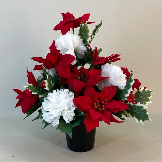Silk Flowers Filled Grave Pot Red Christmas Poinsettias and Carnations - AG006