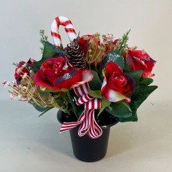 Silk Flowers Filled Grave Pot Red Roses and Candy Cane - AG037