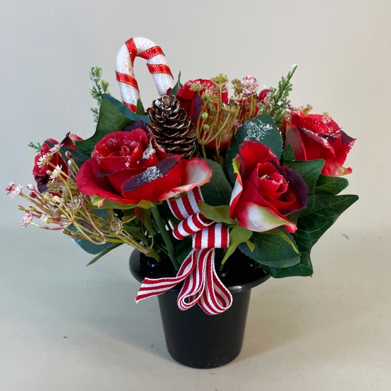 Silk Flowers Filled Grave Pot Red Roses and Candy Cane - AG037