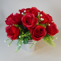 Artificial Flowers Filled Grave Pot Red Roses and Gypsophila - AG073