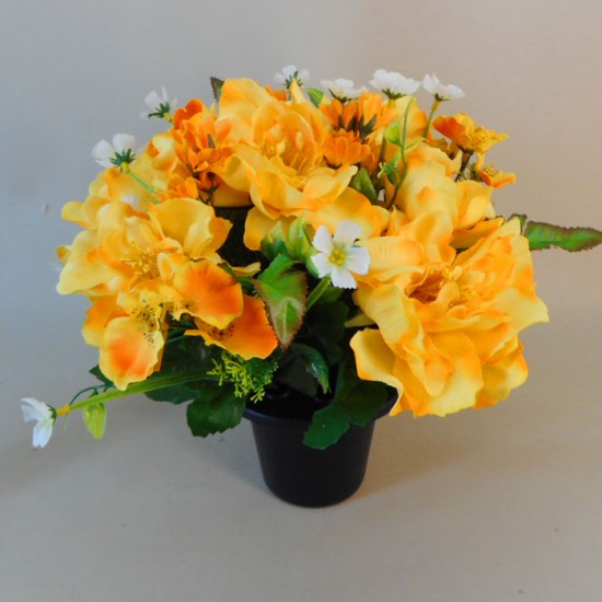 Artificial Flowers Filled Grave Pot Peonies and WIld Flower Yellow - AG025