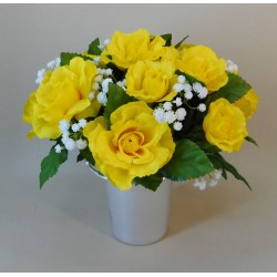 Artificial Flowers Filled Grave Pot Yellow Roses and Gypsophila - AG075