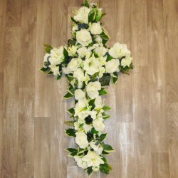 Silk Flower Funeral Cross Cream White - AF017
