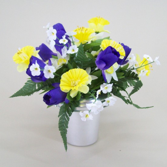 Silk Flowers Filled Grave Pot Springtime Daffodils and Tulips - AG004