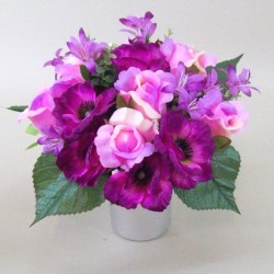 Silk Flowers Filled Grave Pot Pink Roses and Magenta Anemones - AG009