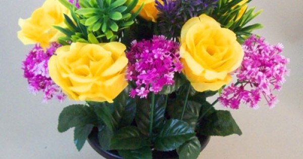 Silk Flowers Grave Pot Yellow Roses With Pink And Purple Flowers Memorial Flowers