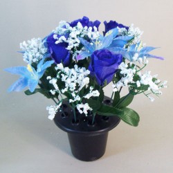 Silk Flowers Filled Grave Pot Blue Lilies and Rosebuds - AG063 BC