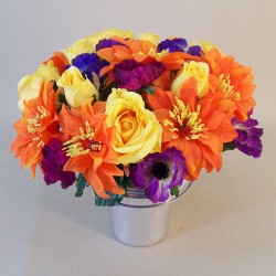 Silk Flowers Filled Grave Pot Rainbow Orange - AG054