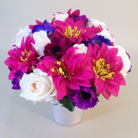 Silk Flowers Filled Grave Pot Pink Purple and Cream - AG053