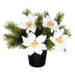 Silk Flowers Filled Grave Pot White Poinsettias and Spruce - AG057 